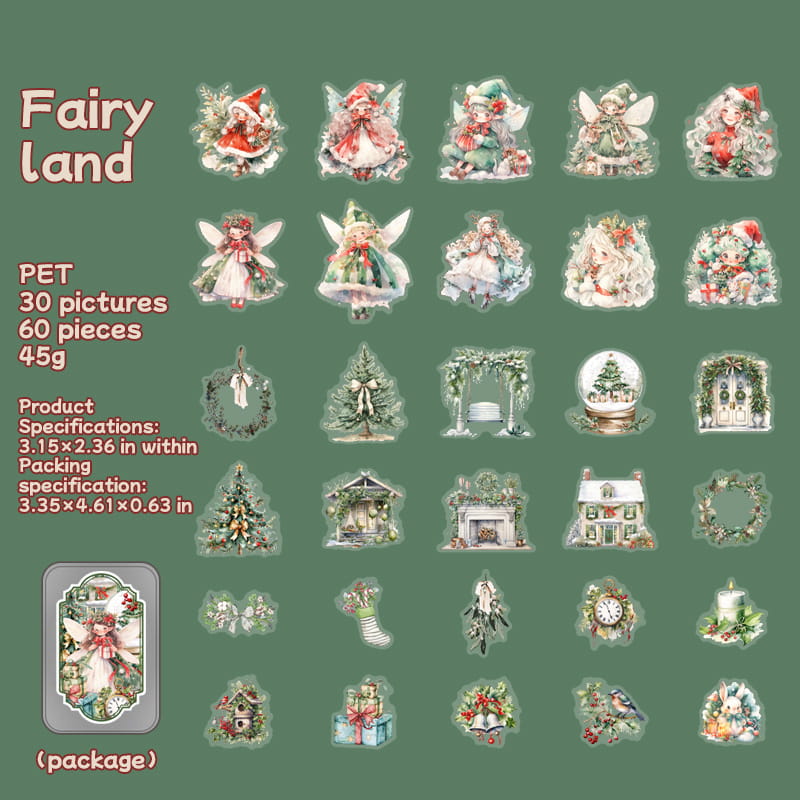 60 Pcs Christmas Theme PET Stickers with Tin Box