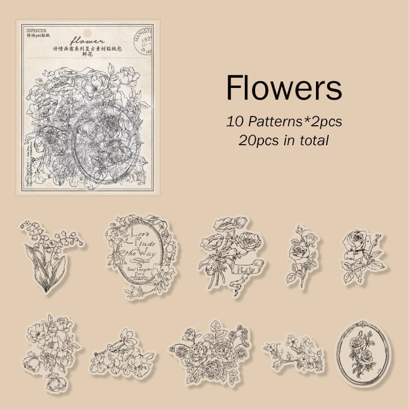 20 Pcs Vintage Solid Line Decorative PET Sticker Pack