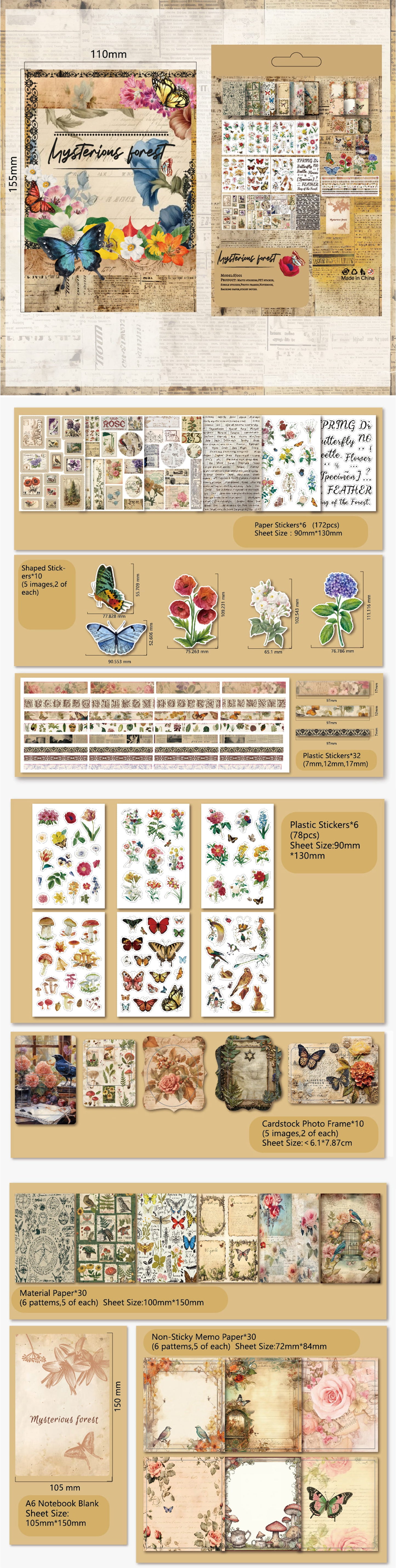 300+ Pcs Vintage Scrapbooking Sticker & Material Paper Set