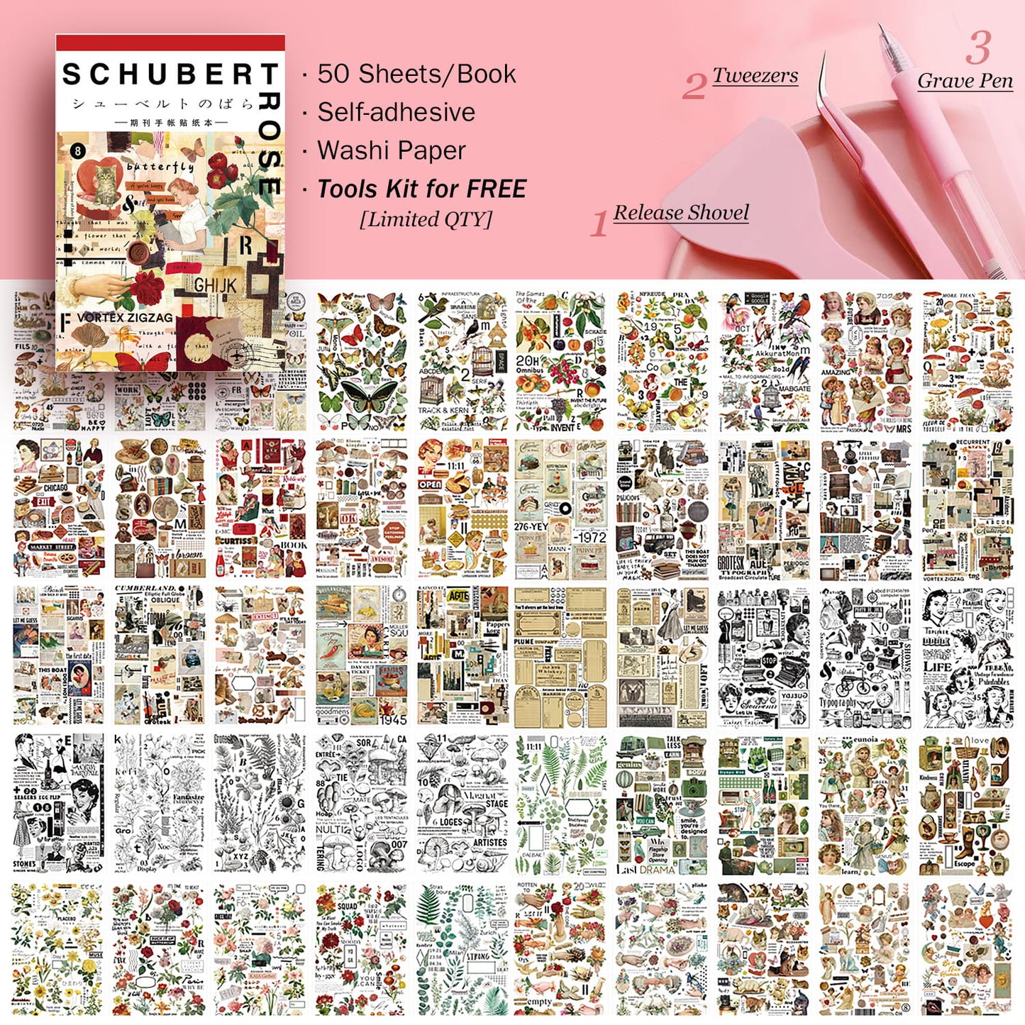 50 Sheets Schubert Rose Vintage Sticker Book