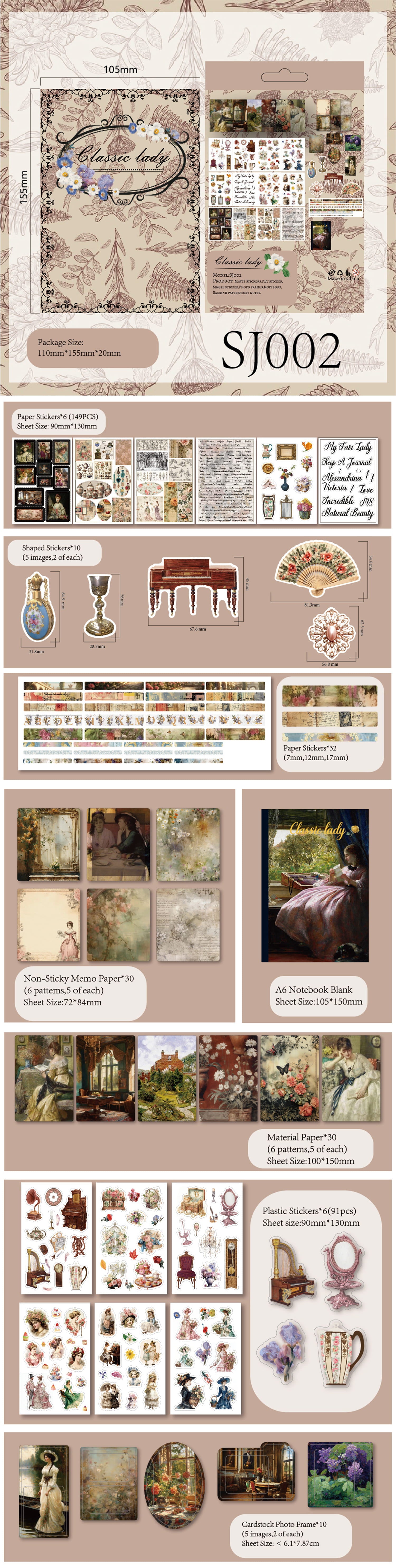 Über 300-teiliges Vintage-Scrapbooking-Aufkleber- und Materialpapier-Set