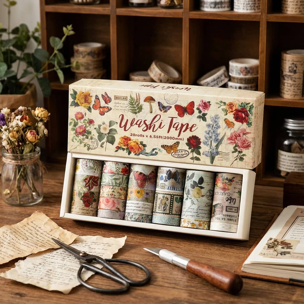 Vintage Plant & Christmas Washi Tape Set (20 Rolls)