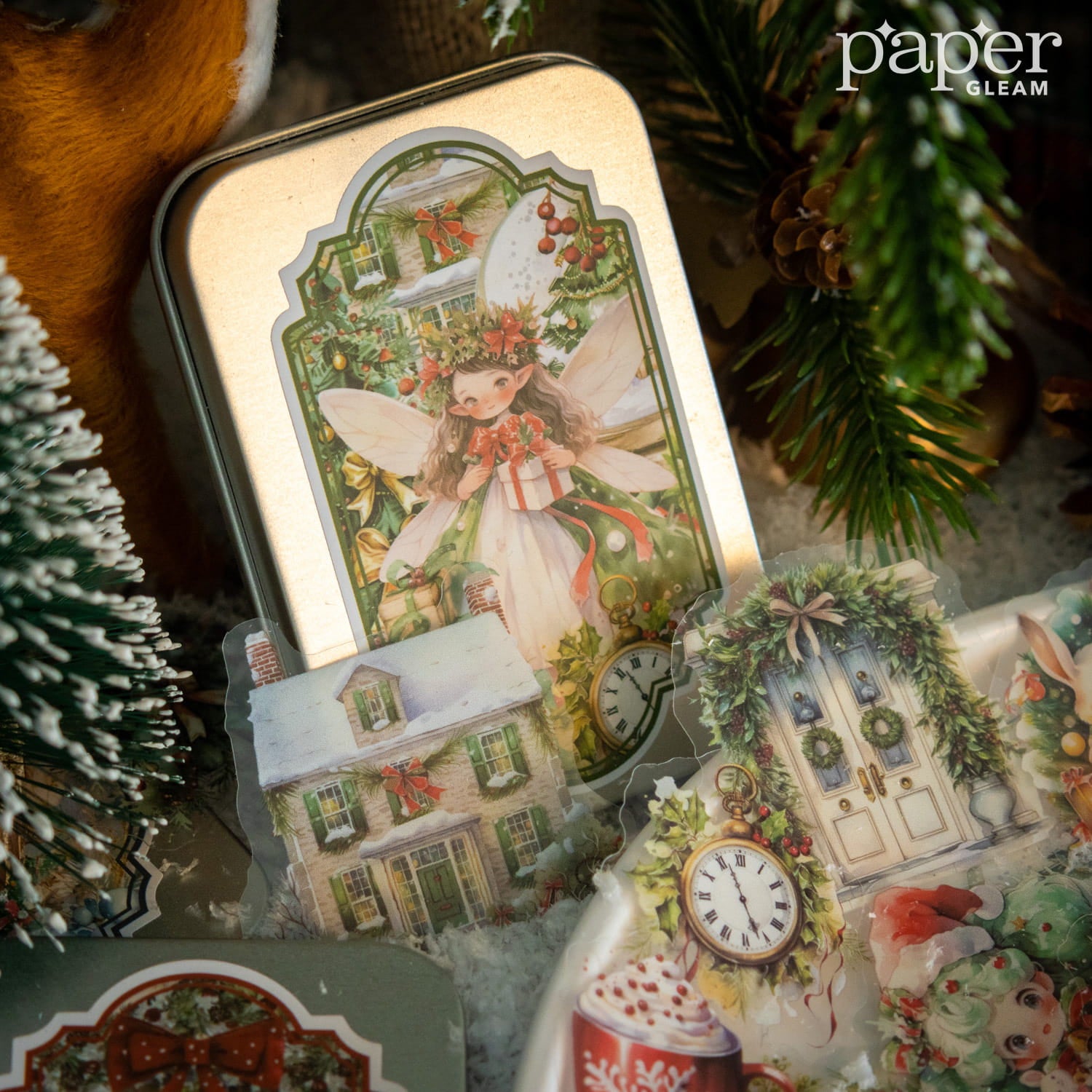60 autocollants PET sur le thème de Noël avec boîte en métal