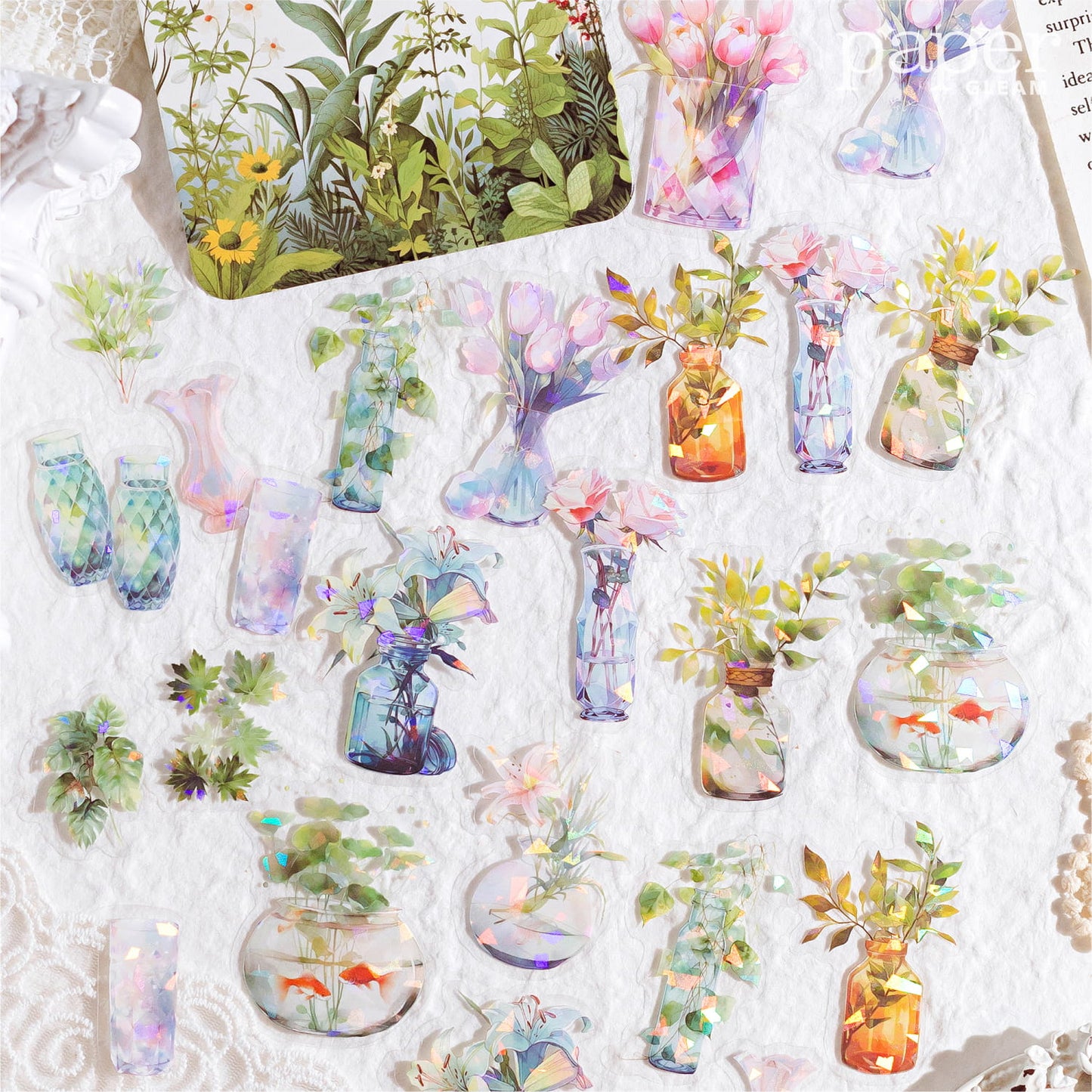 30 Pcs Sparkle PET Sticker Pack of Plant Aesthetics