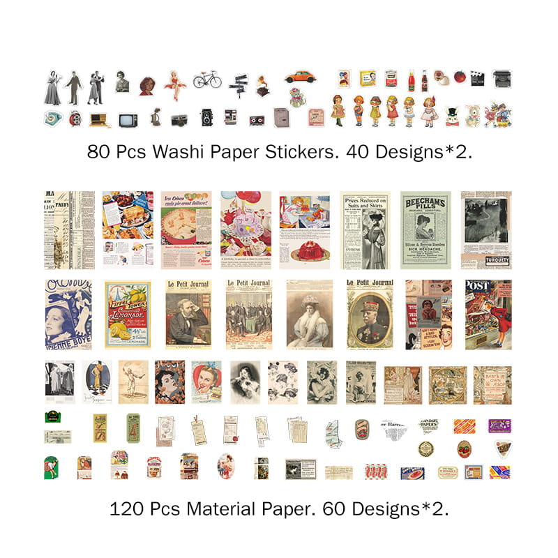 Lot de 200 autocollants décoratifs vintage 