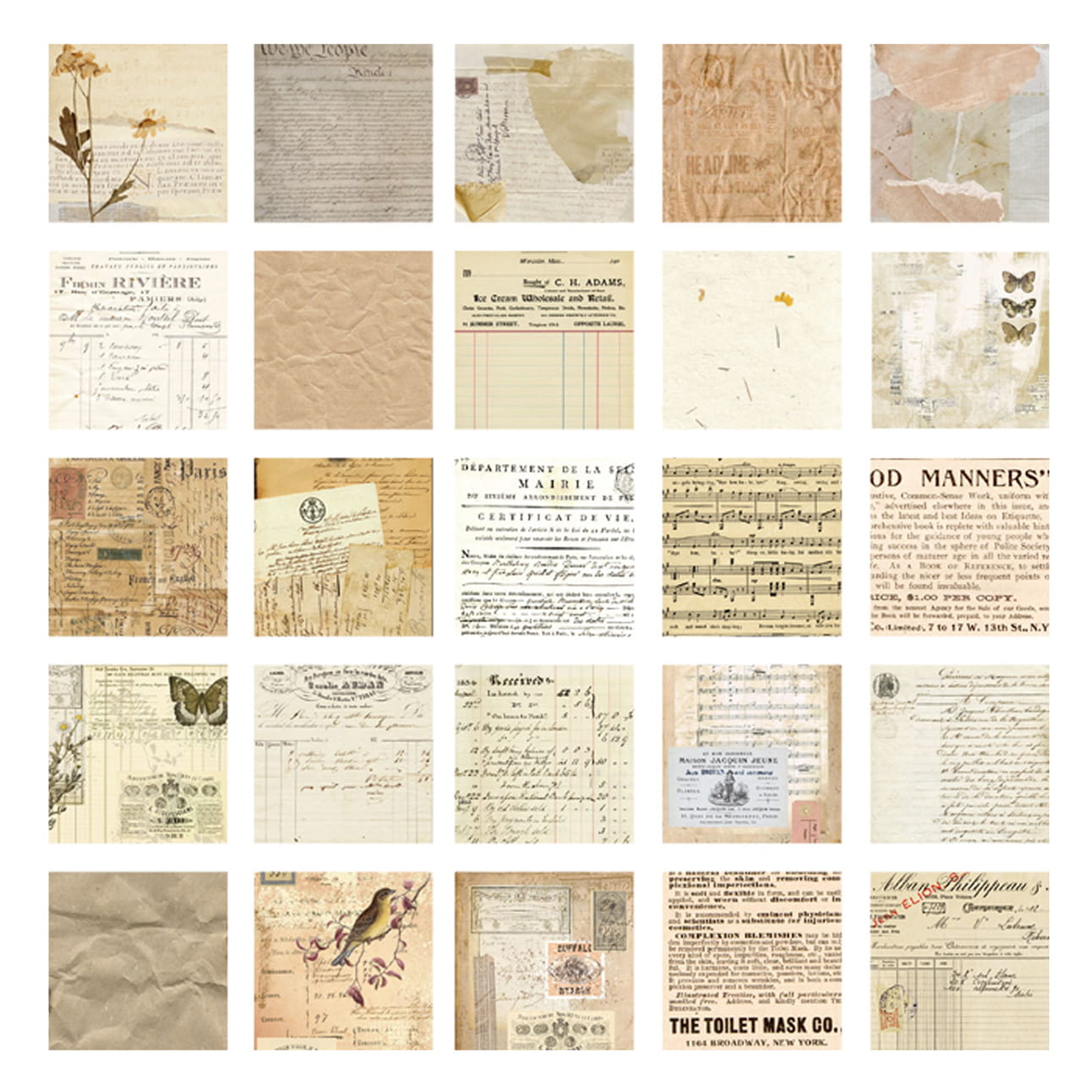 Boîte de 100 feuilles de papier texturé vintage carrées