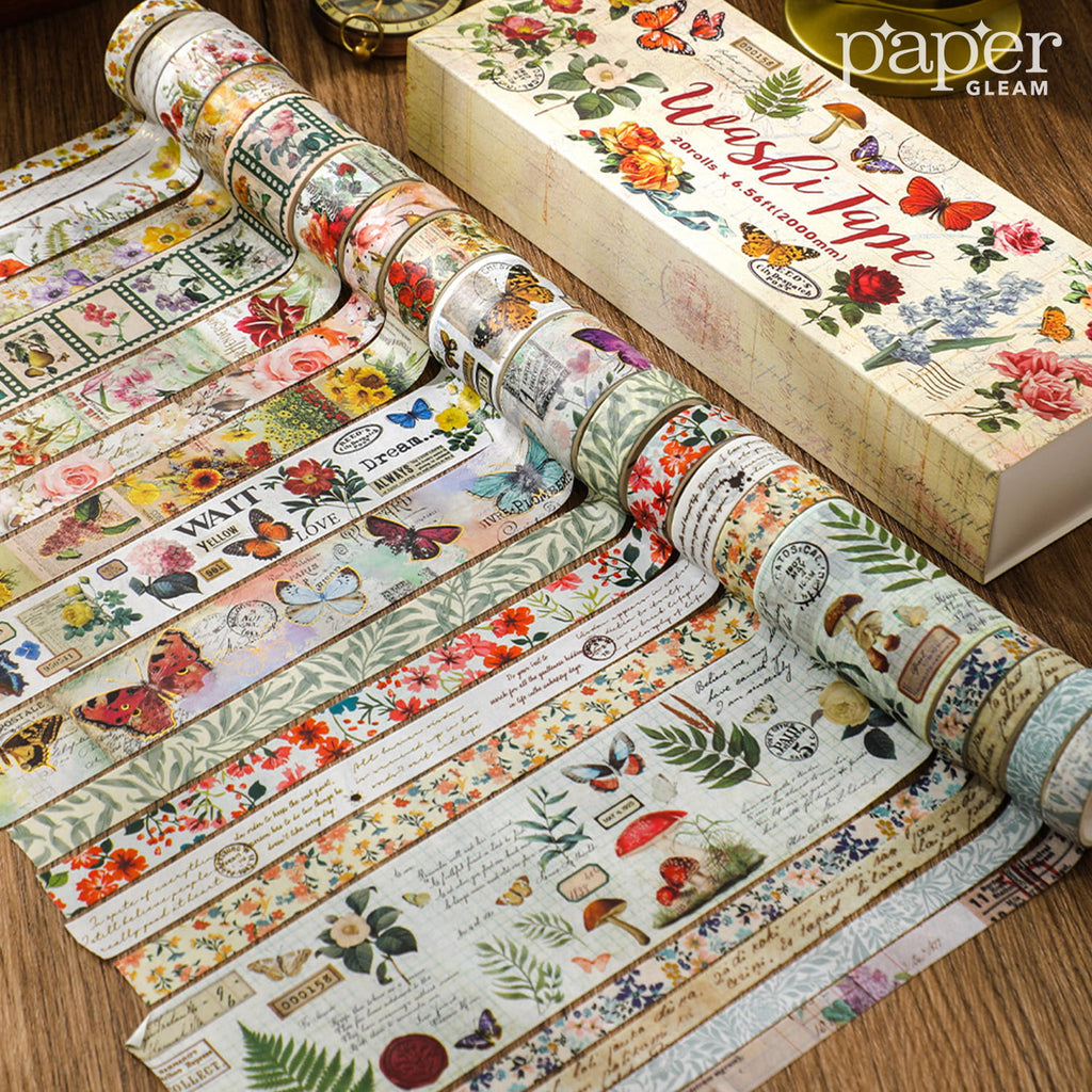 Vintage Plant & Christmas Washi Tape Set (20 Rolls)