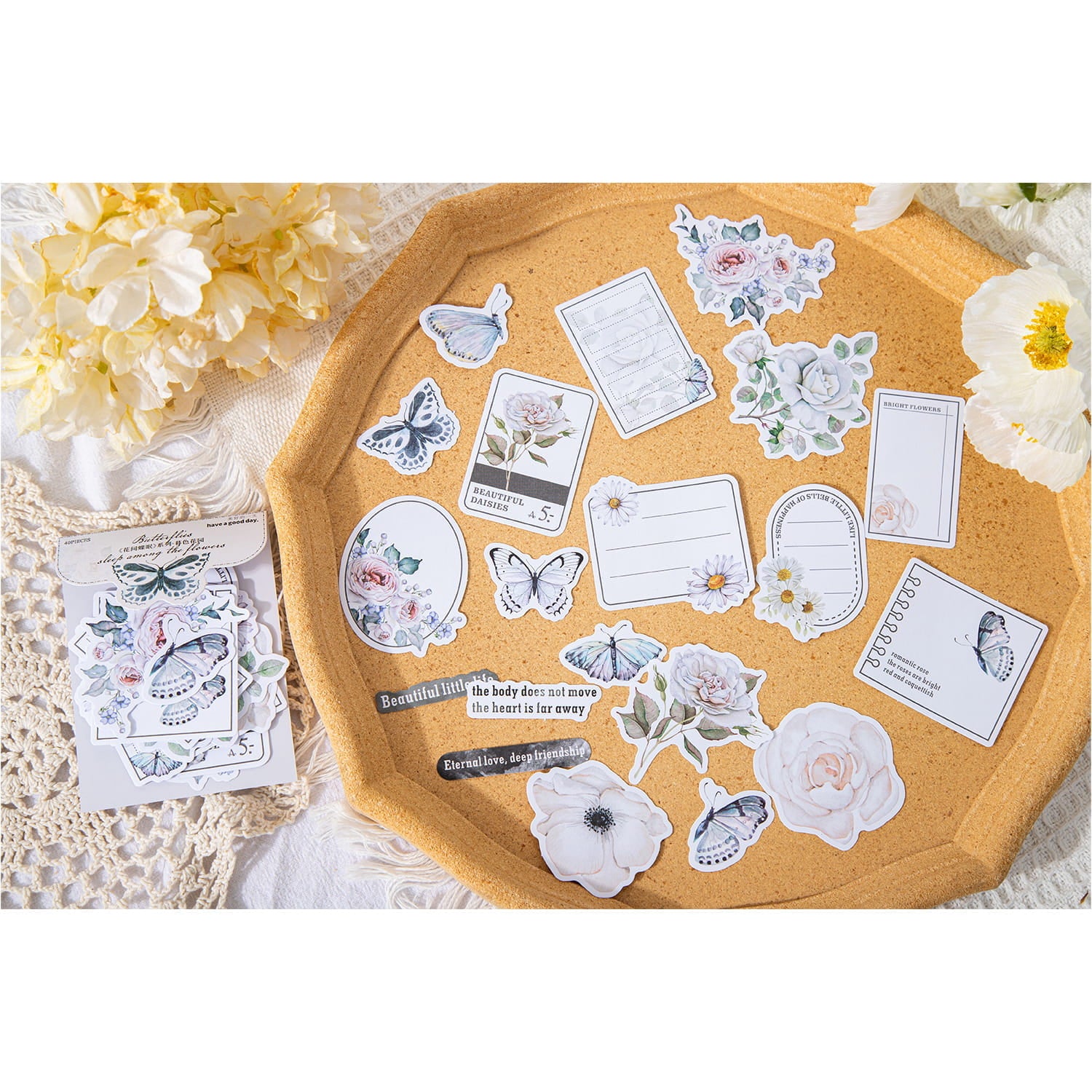Lot de 40 autocollants décoratifs pour journal intime, motifs floraux et papillons