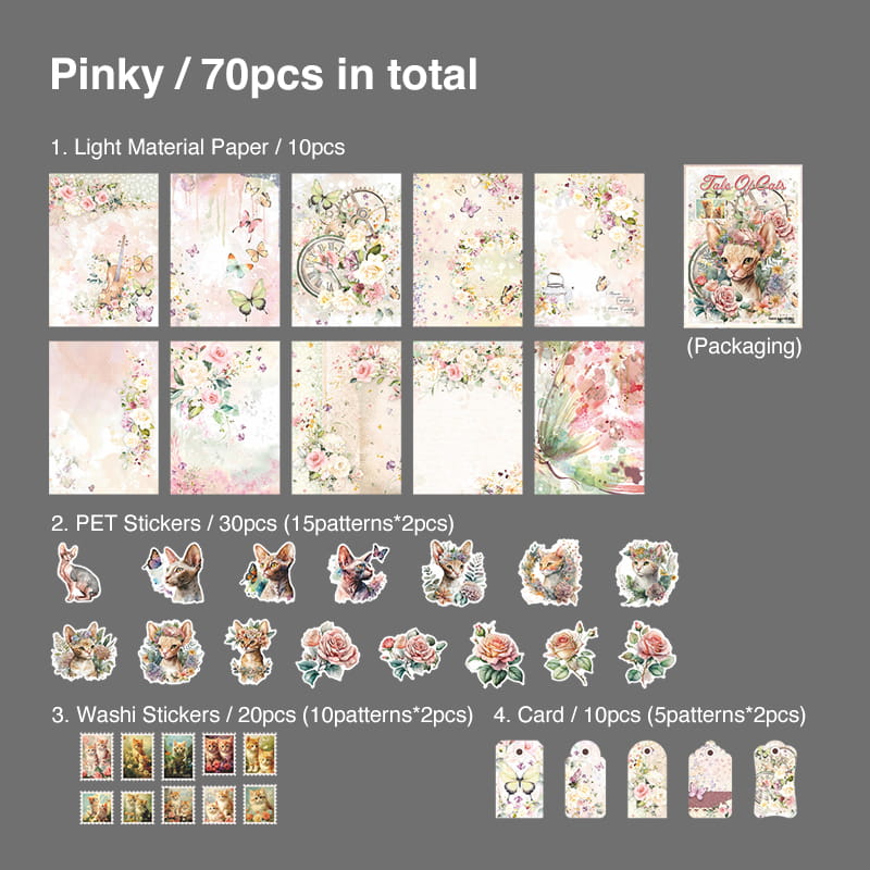 70 Pcs Cat Theme Multi  Material Paper Sticker Pack